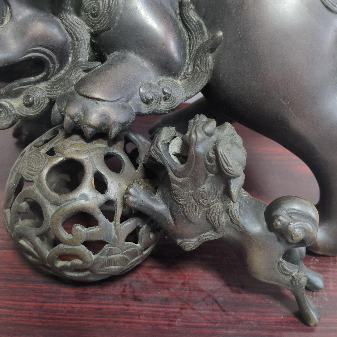 旧家　古い銅製　高炉　獅子　古銅宣徳銅　神獣　魔除　縁起物　彫金　玉獅子
