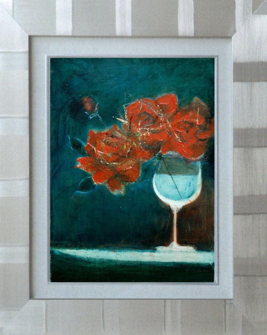 油絵 菅家令子 絵 絵画インテリア額付(青緑＋金色の枠) F4-070302ばら