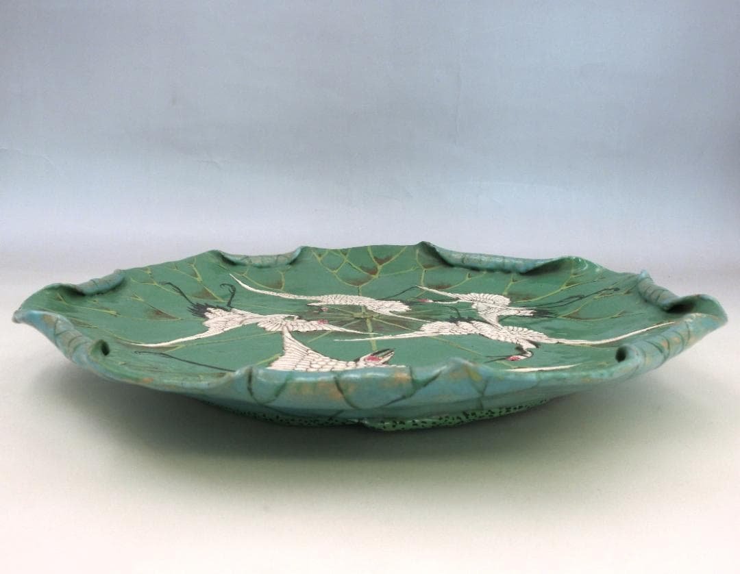 時代物 萬古焼 古萬古 鶴文 蓮型 蓮葉 皿 大皿 良品 骨董 古玩 傷なし