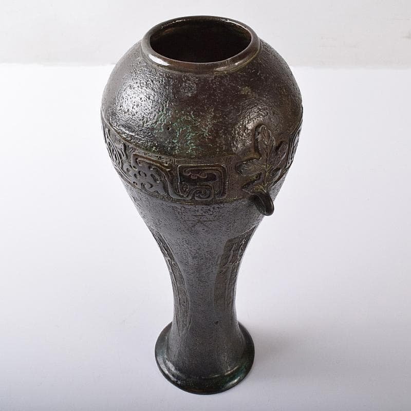 中国　古銅　漢詩饕餮文　双耳瓶　時代箱付　M　R8223B